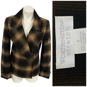 Worthington Blazer Womens Size 4 Jacket Office Brown Plaid Professional Work